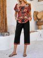 EMERY ROSE Women'S Full Print Short Sleeve Top And Slant Pocket Pants Set