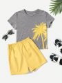 SHEIN Teen Boy's Casual Coconut Tree Print Short-Sleeved Top With Solid Color Shorts