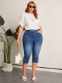 SHEIN LUNE Women's Plus Size Water Washed Skinny Buttoned 3/4 Length Jeans