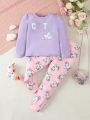 SHEIN Kids EVRYDAY Toddler Girls' Unicorn Printed Letter Printed Rhinestone Casual Comfortable 2pcs Outfit