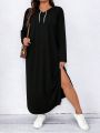 SHEIN LUNE Women's Plus Size Drawstring Hooded High Slit Maxi Dress