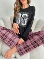 Women's Monogram Printed Long Sleeve Top And Plaid Trousers Pajama Set