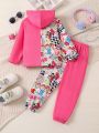 Young Girl Letter & Cartoon Graphic Hooded Jacket & Sweatpants