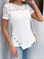 EMERY ROSE Ladies' Lace Spliced Button Detail Asymmetrical Hem T-shirt