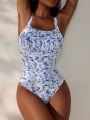 SHEIN Swim Mod Women'S One Piece Swimsuit With Floral Print And Square Neckline