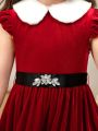 SHEIN Kids CHARMNG Young Girl 1pc Contrast Collar Bow Back Dress