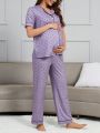 Maternity Polka Dot Print Short Sleeve Top With Rolled Edges And Long Pants Sleepwear Set