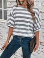 SHEIN LUNE Women's Round Neck Striped T-shirt