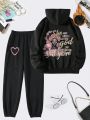 SHEIN Unity Women's Printed Casual Fleece Hoodie And Sweatpants Set