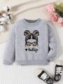 SHEIN Young Girl Letter & Figure Graphic Thermal Lined Sweatshirt