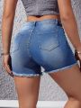 Ripped Raw Hem Denim Shorts