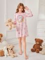 Cute Cat Donut Print Long-Sleeved Dress For Tween Girls