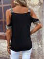 Off-Shoulder Neckline Beaded V-Neck T-Shirt