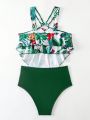 SHEIN Swim Vcay Women's Tropical Plant Printed Halter Bikini, Perfect For Vacation