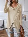 SHEIN LUNE Women's Shawl Collar Fringe Trim Open Front Cardigan