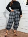 Plus Size Plaid Patchwork Long Sleeve Jumpsuit