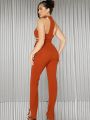 Asavvy Halter Neck Lace Up Side Split Hem Jumpsuit