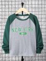 SHEIN Kids EVRYDAY Big Boys' Casual Printed Letter Pattern Patchwork Sleeves Round Neck Pullover Knit T-shirt