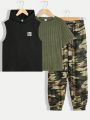 SHEIN Kids EVRYDAY 3pcs/Set Tween Boys' Casual Street Style Letter Patch Hooded Tank Top, Solid Short Sleeve Tee And Camouflage Print Jogger Pants Knitted Outfit