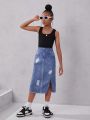 SHEIN Kids Cooltwn Big Girls' Daily Casual Knitted Sleeveless Vest Top And Denim Printed High Slit Skirt