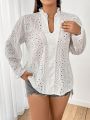 SHEIN MOD Plus Size Hollow Out Embroidery & Ear Edge Design V-neckline Shirt