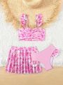 Toddler Girls' Fish Pattern Ruffled Bikini Set And Beach Skirt