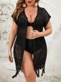 SHEIN Swim BohoFeel Plus Size Hollow Out Knitted Kimono Cardigan