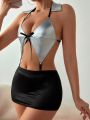 Classic Sexy Ladies' Sexy Lingerie Set With Hollow Out Bowknot And Color Contrast