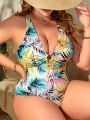 SHEIN Swim Vcay Plus Size One-piece Swimsuit With Plant Print And Circular Detailing