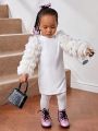 SHEIN Baby Girls' Casual Knitted Splicing Fringed Slim Long Sleeve Dress