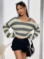 Striped Pattern Asymmetrical Neck Drop Shoulder Sweater