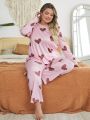 Plus Size Heart Printed Long Sleeve Pajama Set