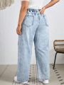 SHEIN LUNE Plus Size Drawstring Waist Ripped Washed Denim Pants