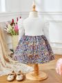 SHEIN Elegant Knitted Patchwork Dress With Butterfly Decoration And Bubble Sleeves For Baby Girls