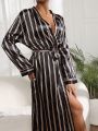 Striped Belted Satin Robe