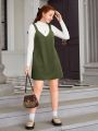 Teen Girls' Ribbed Turtleneck T-Shirt And Corduroy Suspender Skirt Two Piece Set