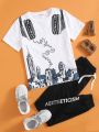 SHEIN Kids QTFun Boys Round Neck Tee & Letter Graphic Drawstring Waist Pants Set