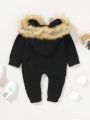 Baby Girls' Button-front Plush Hooded Jumpsuit With Sweater Attached Hood And Footies