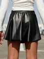 SHEIN Kids Cooltwn Girls' Shiny Street Pu Leather Solid Color A-line Skirt