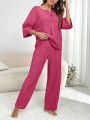 Women's Knitted Top With 3/4 Sleeves And Long Pants Home Clothing Set