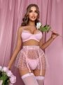 Heart Pattern Mesh Underwire Lingerie Set With 1pair Stockings