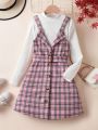 SHEIN Kids CHARMNG Tween Girl Mock Neck Tee & Plaid Print Belted Dress