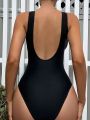 SHEIN Swim Chicsea Women'S Black V-Neck Ruched One Piece Swimsuit With Buckle Decor