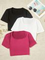 Women's Cropped Square Neck Short Sleeve T-Shirt For Teenagers