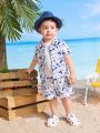 SHEIN Baby Boy/Girl Casual Coconut Tree Print Lapel Short Sleeve Shirt And Shorts Set