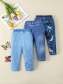 Spring Baby Girl Comfortable Simple Imitation Jeans Printed Pants Three Piece Set