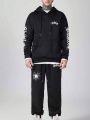 ROMWE Goth Men's Hooded Sweatshirt And Sweatpants 2 Piece Set With Letter Print And Drawstring