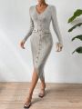 SHEIN Essnce Button Front Ribbed Knit Bodycon Dress