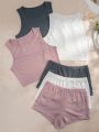 3pcs Ribbed Knit Tank Top & 3pcs Shorts