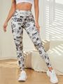 SHEIN Yoga Funny Women's Monogram Print Sports Leggings With Pockets